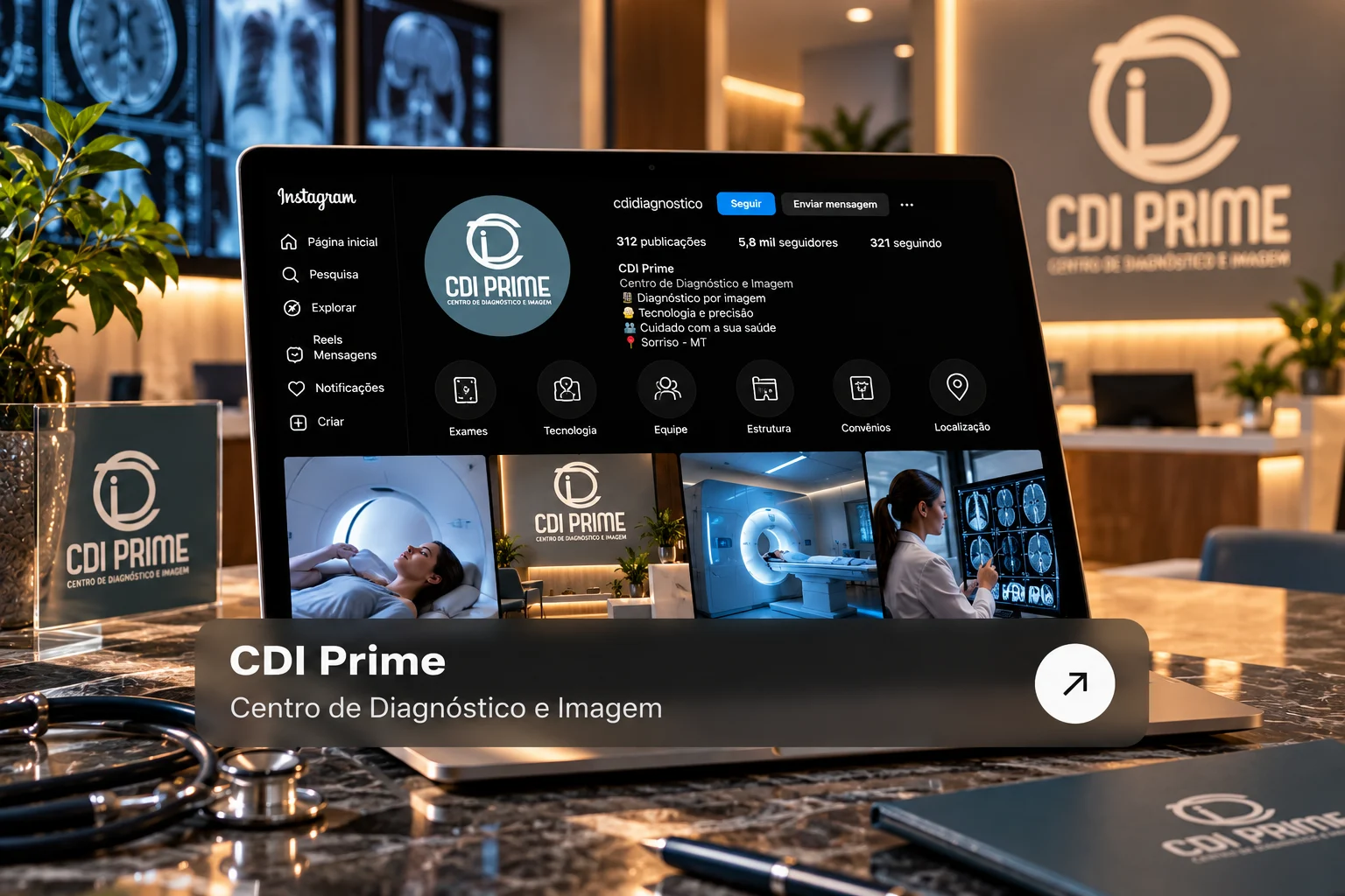 CDI Prime, centro de diagnóstico e imagem, apresentado em um notebook em ambiente clínico moderno