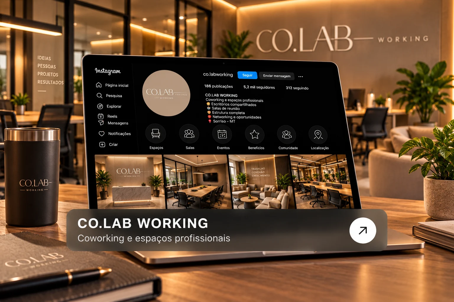 CO.LAB Working apresentado em um espaço de coworking elegante com salas e mesas profissionais
