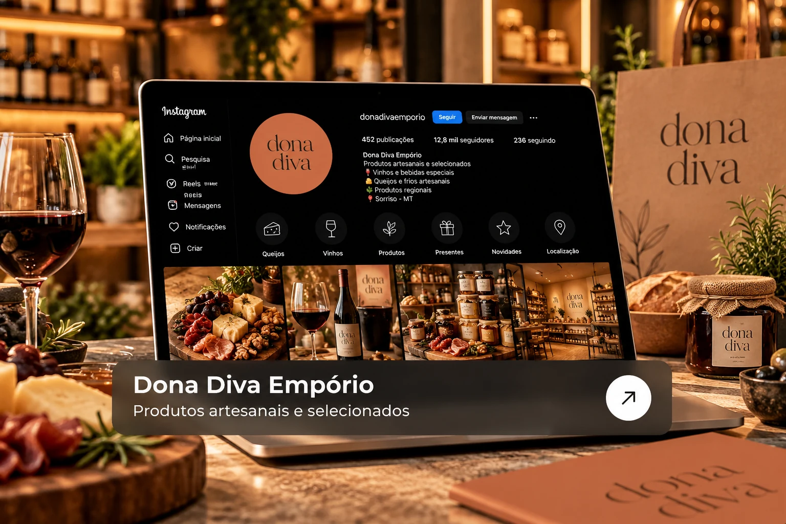 Dona Diva Empório apresentado em um notebook, com produtos artesanais, queijos, frios e itens selecionados