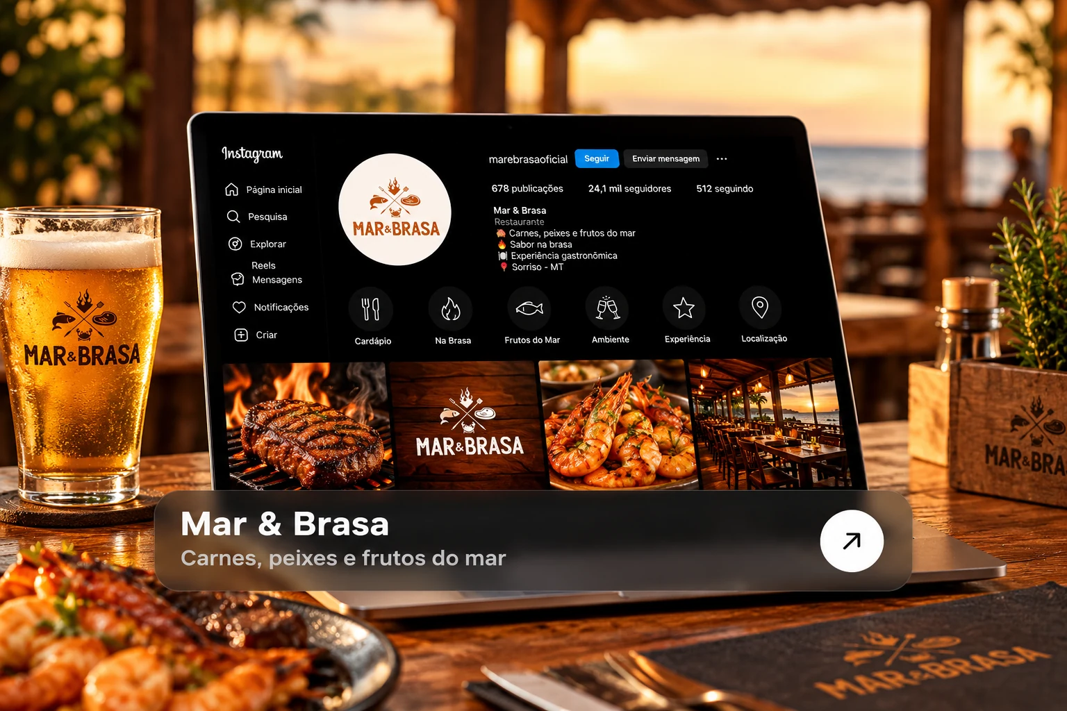 Mar & Brasa apresentado em um notebook, com carnes grelhadas, frutos do mar e ambiente gastronômico