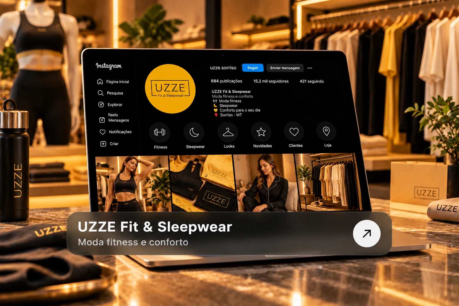 UZZE Fit & Sleepwear apresentada em um notebook, com roupas fitness e peças de sleepwear em tons de amarelo e preto